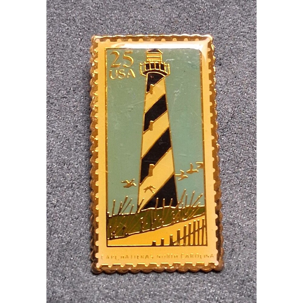Cape Hatteras Lighthouse Lapel Pin 25 USA Stamp Enamel North Carolina Gold Tone